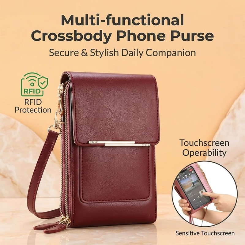 Touchscreen Phone Crossbody Wallet Women,Anti-Theft Leather Messenger Bag,RFID Block PU
