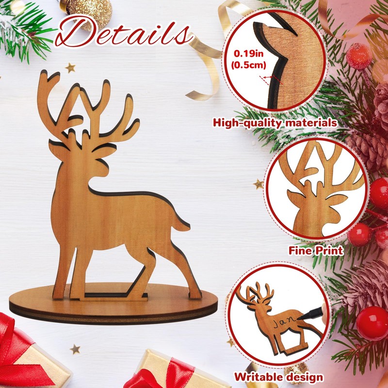 12 Pcs Christmas Groovy Reindeer Place Name Settings Wooden Table