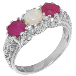 925 Sterling Silver Womens ring Natural Opal & Ruby Anniversary ring - Size 7.5
