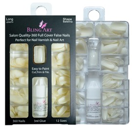 Bling Art Salon 360 Coffin Ballerina Long False Nails Natural White Acrylic with Glue