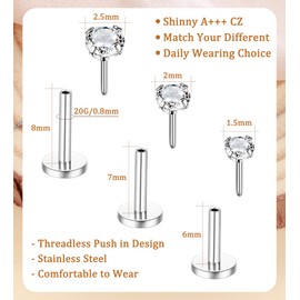 MJust Threadless Titanium Nose Rings Stud, 20G CZ Push in Flat Back Gold Nose Ring for Women & Men.(Silver)