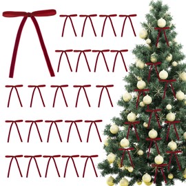 24 Pcs Velvet Christmas Bows for Christmas Tree, 5×7 inch Vintage Velvet Ribbon Bows with Tie, Velvet Christmas Ornaments for Xmas Tree Wedding Parties Decor (Red)