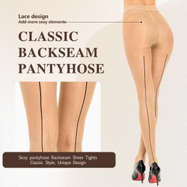 Aaronano Backseam Sheer Tights for Women 2 Pairs Seamed Nylon Pantyhose High Waist Stockings 20 Denier(Natural/Black Seam,L)
