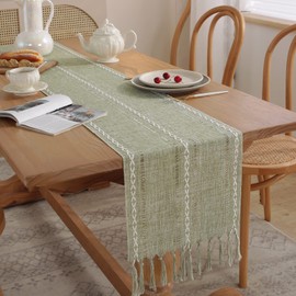 Yicorgard Farmhouse Table Runner Rustic Style 13“ x 72”, Braided Striped Linen Fall Table Runner 72 Inches Long with Tassels for Dining Room Kitchen Reading Dresser Décor,Green