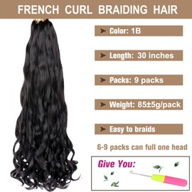 COOKOO 30 Inch 9 Pcs Premium French Curl Braiding Hair Natural Black Pre-stretched Spiral Loose Wave Braiding Hair Yaki Texture Synthetic Hair Extensions for Black Women 1B#