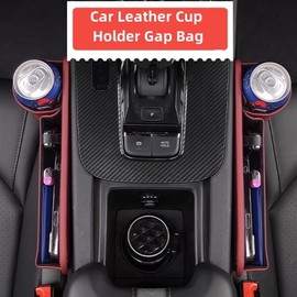 Car Leather Cup Holder Gap Bag, Car Seat Gap Filler Organizer, Car Seat Storage Box with Water Cup Holder, Car Gap Bag for Phones Keys Cards (1 Pair, Black)