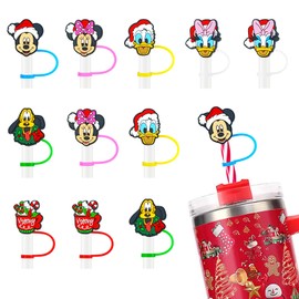 12PCS Silicone Straw Cover, 0.4Inch/10mm Cute Christmas Mickey Theme Reusable Straw Cup Accessories Drinking Straw Covers For 30&40 Oz Straw Topper Theme Party Favors Supplies Straw Cover (Christmas)