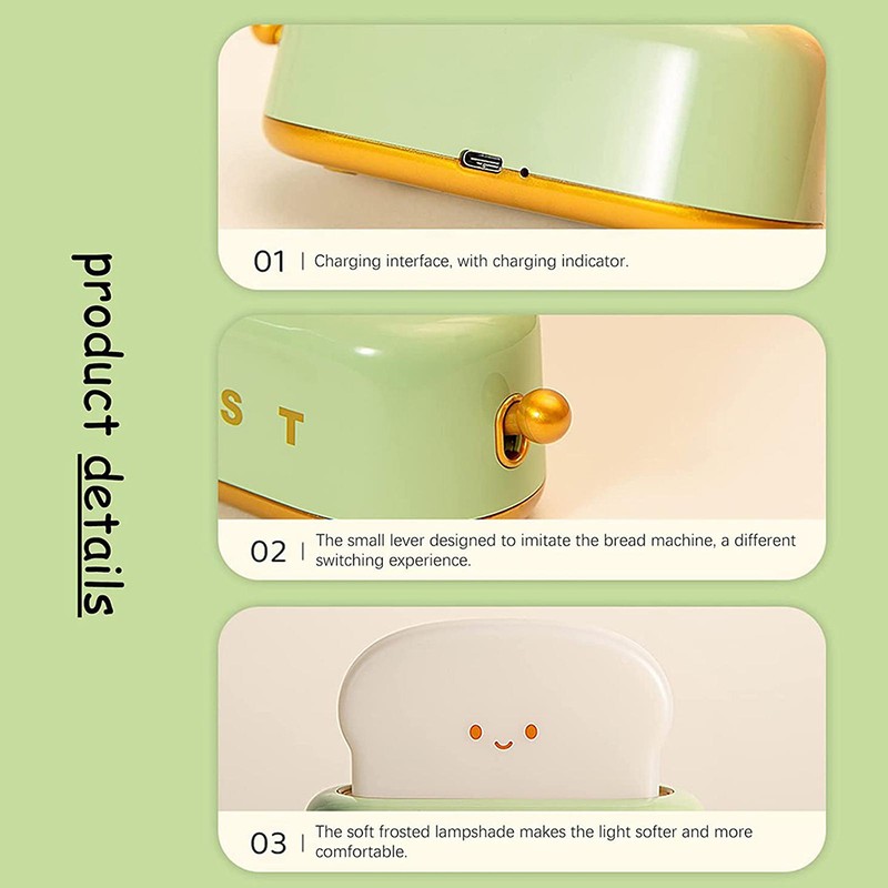Cute Toast Night Light USB Rechargeable LED Bread Toast Night