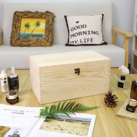 JJSQ Large Wooden Storage Box with Hinged Lid Rectangle Unfinished Unpainted Accessories Storage Wood Box for Crafts DIY Decoration Natural 13.8" x 7.9" x 7.1"
