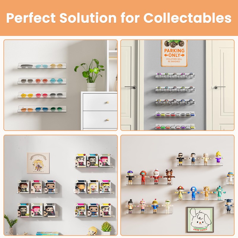 upsimples 4 Pack Acrylic Shelves for Wall Storage, 15" Floating