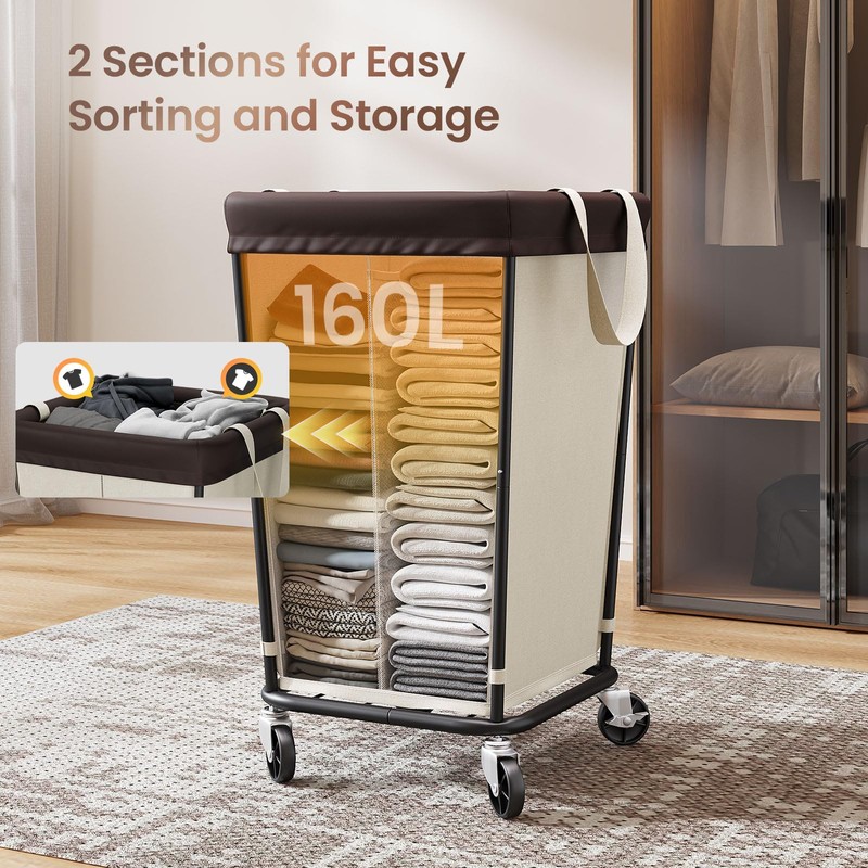 160L Laundry Basket with Wheels, 2-section Rolling Laundry Basket, Large