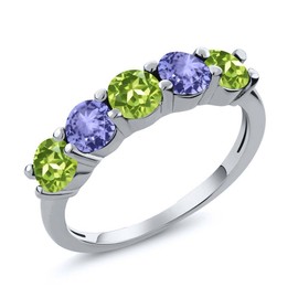 Gem Stone King 925 Sterling Silver Green Peridot and Blue Tanzanite Wedding Band Ring For Women (0.90 Cttw, Round 3.5MM, Gemstone August Birthstone, Available In Size 5, 6, 7, 8, 9)