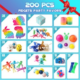 200 Pcs Party Favors for Kids, Fidget Toys Set, Stocking Stuffers, Treasure Box Toys for Classroom Carnival Prize Rewards, Pinata Goodie Bag Stuffers Birthday Gifts Fidget Toy Bulk for Boys and Girls