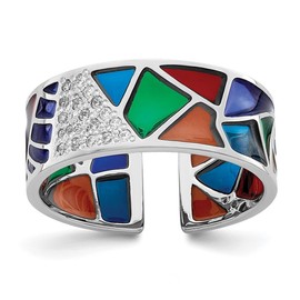 925 Sterling Silver Rhod Plated Abstract Multi color Enamel and CZ Cubic Zirconia Simulated Diamond Cuff Ring Size 7 - Jewelry Gift for Mom