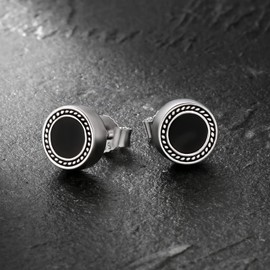 KRKC&CO S925 Silver Men's Earrings, Round Black Oynx Earrings, 8 mm, White Gold Plated Stud Earrings with Oynx Stone, Genuine 925 Sterling Silver, Allergy-Free Earrings, Gift for Men Boys, Sterling