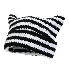 Crochet Cat Hat for Women Grunge Accessories Cat Ear Beanie Women Vintage Fox Hat Slouchy Beanies Women (US, Alpha, One Size, Black White)