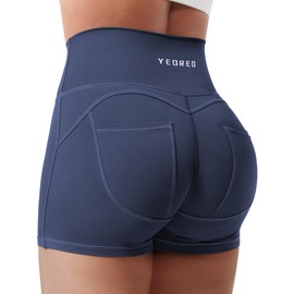 YEOREO - Pantalones cortos de entrenamiento con bolsillo para mujer, cintura alta de 3.6 pulgadas, pantalones cortos de yoga y gimnasio, marino, Large