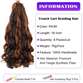French Curly Braiding Hair 8 Packs Loose Wavy Braiding Hair Pre Stretched Bouncy Synthetic French Curl Braiding Hair Extensions for Women (4/30#, 18 Inch)
