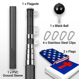 G128 Combo Pack: 25 Ft Telescoping Aluminum Flagpole (Black) & American and Christian Flags 3x5 Ft, Both ToughWeave Series Embroidered Polyester | Pole with Flags Included