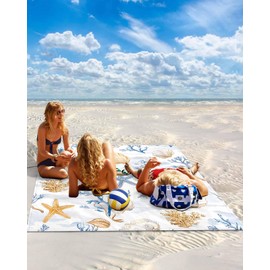 LBDecor Beach Blanket Sandproof Oversized 83" x 79" Summer Ocean Shell Starfish Waterproof Quick Drying Sand Free Mat Blue Coral Picnic Blankets for Outdoor Travel Camping Hiking Park
