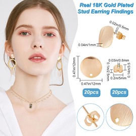 Beebeecraft 20 Pieces/Box 18 Carat Gold-Plated Earring Accessories, Flat Round Pad Pins Stud Earrings with Hole and 20 Pieces Butterfly Earring Backs for DIY Earring Jewellery Making
