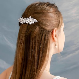 Rhinestone Hair Clip Sparkly Crystal Pearl Barrettes Wedding Engagement Pageant Hair Decorative Accessories for Women Girls Bride Thick Long Hair (Silvery, One size)