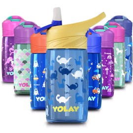YOLAY 15oz Kids Water Bottle For School Boys and Girls, Durable Toddler Water Bottle with Straw Lid Leak-Proof, Spill Proof, Easy Clean and Dishwasher Safe with Re-Usable and BPA Free - Dino