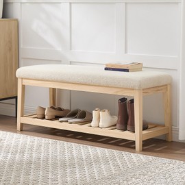 Zesthouse Wooden Storage Shoe Bench, Upholstered Shoe Rack for Entryway Front Door Mudroom, 43" Storage Bedroom Bench with Solid Wood Legs & Linen Fabric Cushion, Beige Long Ottoman Seat for Window