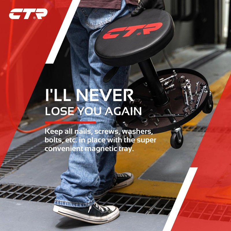 CTR Rolling Mechanic Shop Stool with Magnetic Tool Tray, Heavy