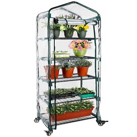 Worth Garden Upgraded 5-Tier Mini Greenhouse with Castors Wheels - Portable Small Gardening Green House with PVC Cover - Heavy Duty Swivel Castors with Brakes - 76''H x 27''L x 19''W Indoor & Outdoor
