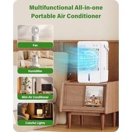 Mobile Air Conditioner, 1500 ml, Mobile Air Conditioner with USB & Remote Control, Air Cooler with Water Cooling, 5 Fan Levels & 3 Modes, Timer (2/4/6/8/10 Hours), Coloured LED Light - Ideal for Home