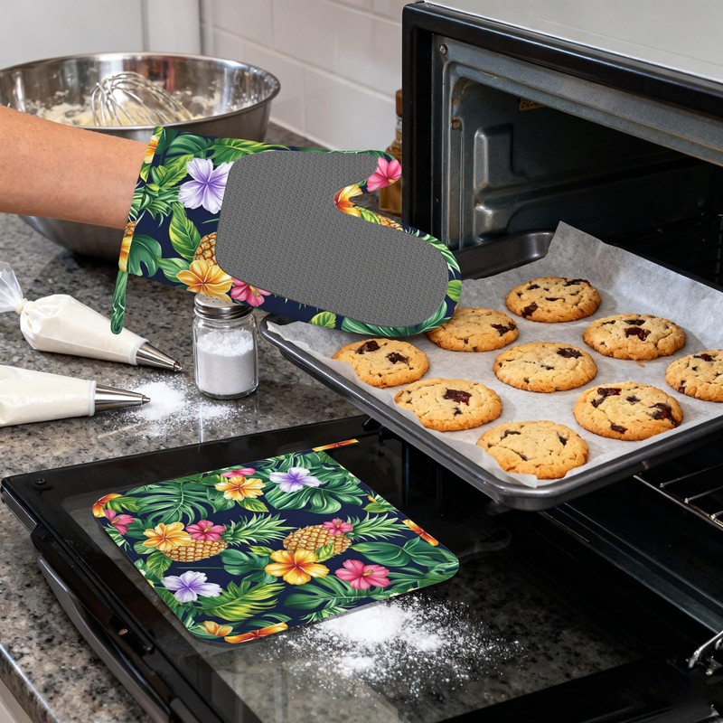 Pineapple Heat-Resistant Silicone Oven Mitts and Pot Holders,Hawaiian Tropical Palm