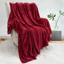 PAVILIA Soft Fleece Queen Bed Blanket Burgundy Wine Red, Large Fuzzy Plush Flannel Blanket, Warm Cozy Ribbed Microfiber Blanket for Sofa Couch, Lightweight Striped Blanket, Wine, 90x90