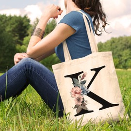 Initial Canvas Tote Bags for Womens - 35x40cm - Shoulder Tote Bag Birthday Gifts for Girl - Large Shopping Bag - Letter Bags (Initial #T)