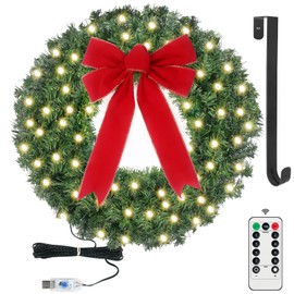 24in Pre Lit Christmas Wreath with Lights & Timer & Remote - 50 LEDs, 8 Lighting Modes -Lighted Christmas Wreath for Front Door with Hanger & Red Bow for Christmas Decorations