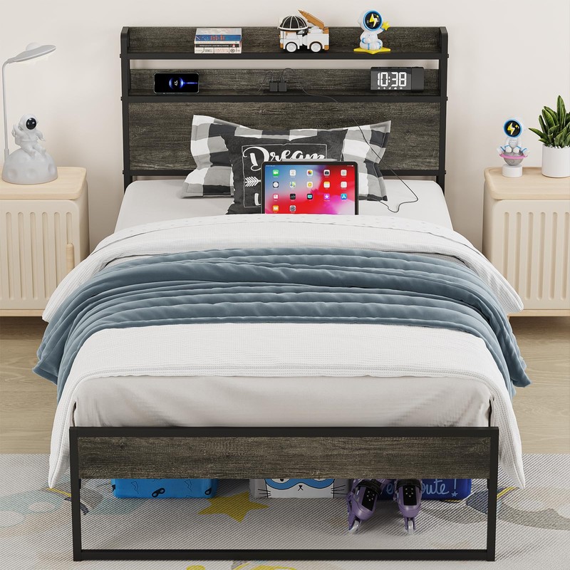 Elephance Twin Bed Frames with Charging Station and Storage Headboard,