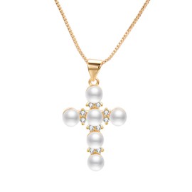 Aleasha Pearl Cross Necklace Women Gold Pearl Pendant Necklace Gold Plated Chain Cubic Zirconia Choker Jewelry Gifts Christmas