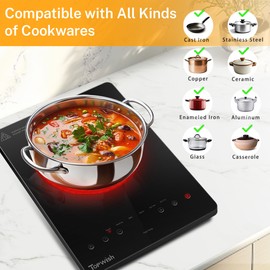 TOPWISH Electric Cooktop, 120V Electric Stove Top Single Burner Ceramic Cooktop with Touch Control, Child Safety Lock, Timer, Residual Heat Indicator, 1300W Plug in Glass Countertop Burner for Cooking