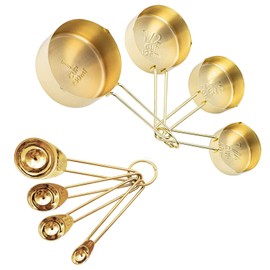 8pcs Stainless Steel Measuring Spoons and Measuring Cups Set Kitchen Accessories Baking Tea Coffee Spoon Measuring Tools (Gold)