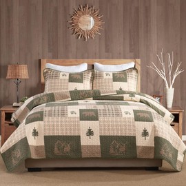 Finlonte Quilts Queen Size, 100% Cotton Cabin Queen Quilt, Lodge Cabin Farmhouse Queen Comforter Sets, Lightweight Reversible Qulted Bedspread Set for All Seasons, Brown/Grayish Green/Beige