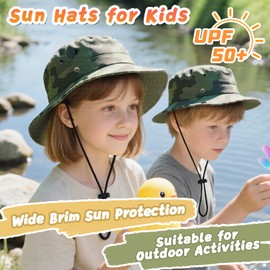 Sun Hats for Kids UPF 50+ Sun Protection Wide Brim Bucket Hat for Boys Girls Lightweight & Breathable Safari Fishing Hat Camo Dark Green