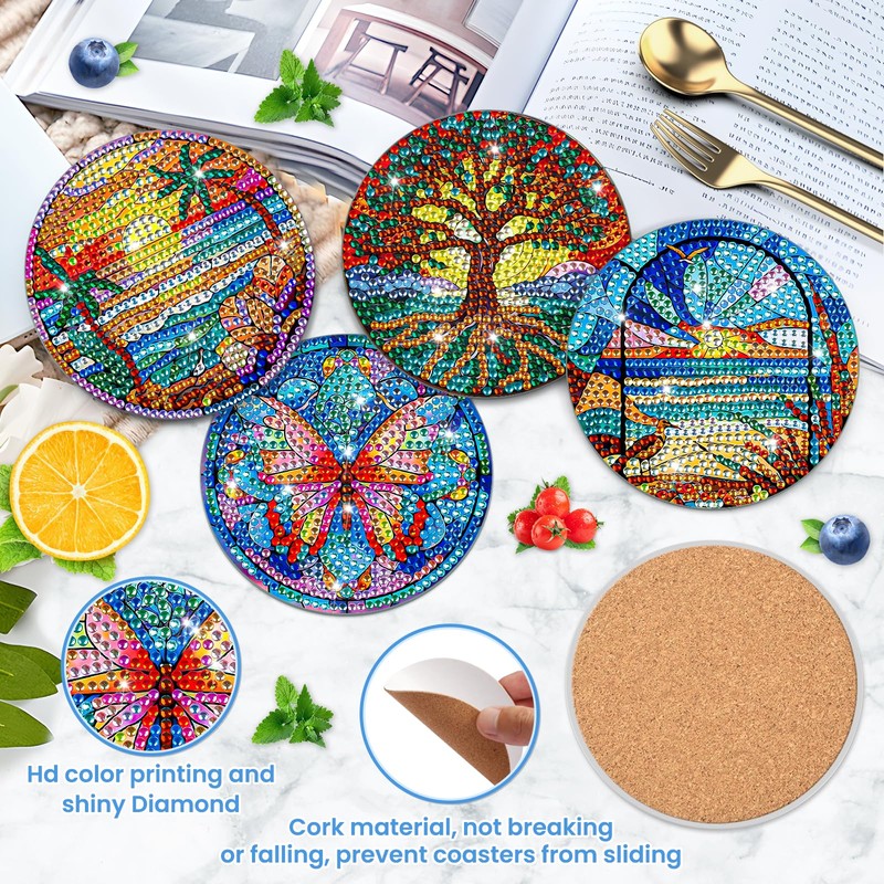 Bowetile 9PCS Diamond Art Coasters Kit with Holder, Stained Glass
