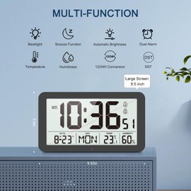 JoFomp Digital Wall Clock Battery Operated with Backlight, LCD Digital Clock Large Display, Modern Wall Clocks for Living Room Decor, Alarm Clocks for Bedroom with Date/Week/Temp/Humidity - 12/24H