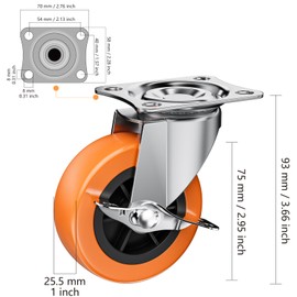 3 Inch Casters, ASHGOOB Caster Wheels with Side Brake, Locking Casters Set of 4, Industrial/Furniture Swivel Plate Caster Wheels for Workbench and Carts, Orange Polyurethane (PU) Castors (4 Pack)