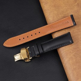 22mm Black Vintage Leather Watch Band Quick Release Deployment Clasp Leather Strap for Men Women Handmade Extra Soft Elegant Replacement Strap Gold Butterfly Buckle DH-201D-G-22MM