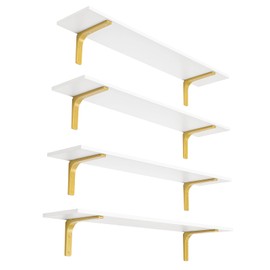 DINZI LVJ Long Wall Shelves, 39.4" Wall Mounted Shelves Set of 4, Large Floating Shelves for Wall with Metal Brackets, for Living Room, Bathroom, Bedroom, Kitchen, White and Gold
