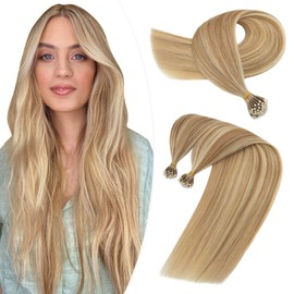 Hairro Nano Bead Human Hair Extensions Nano Beaded Pre Bonded Cold Fushion Nano Ring Hair Nano tip Keratin Remy Hair For Women 16inch 50g/PACK 50 Strands #12P613 Golden Brown Highlight Bleach Blonde