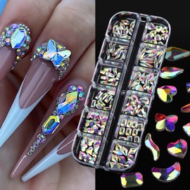 ROFIBUT 2 Boxes Shiny Silver Nail Art Charms Flat Back AB Silver Gems Round Crystal Rhinestones for Crafts, Multiple Shaped Clear Nails Art Design Nail Jewelry for DIY Crafts Nail Art Decoration