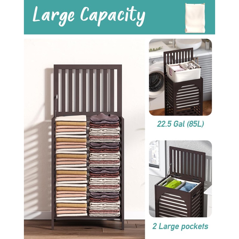 Laundry Hamper, 22.5 Gallon (85L) Bamboo Wood Clothes Laundry Basket