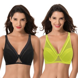 Curve Muse Women's Plus Size Unlined Minimizer Full Coverage Mesh Underwire Bra-2pack-Black,Neon Yellow-40DDDD